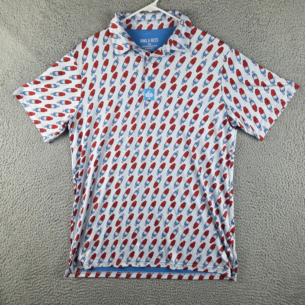 PINS & ACES Golf Polo Shirt Popsicle Mens Large Red White Blue